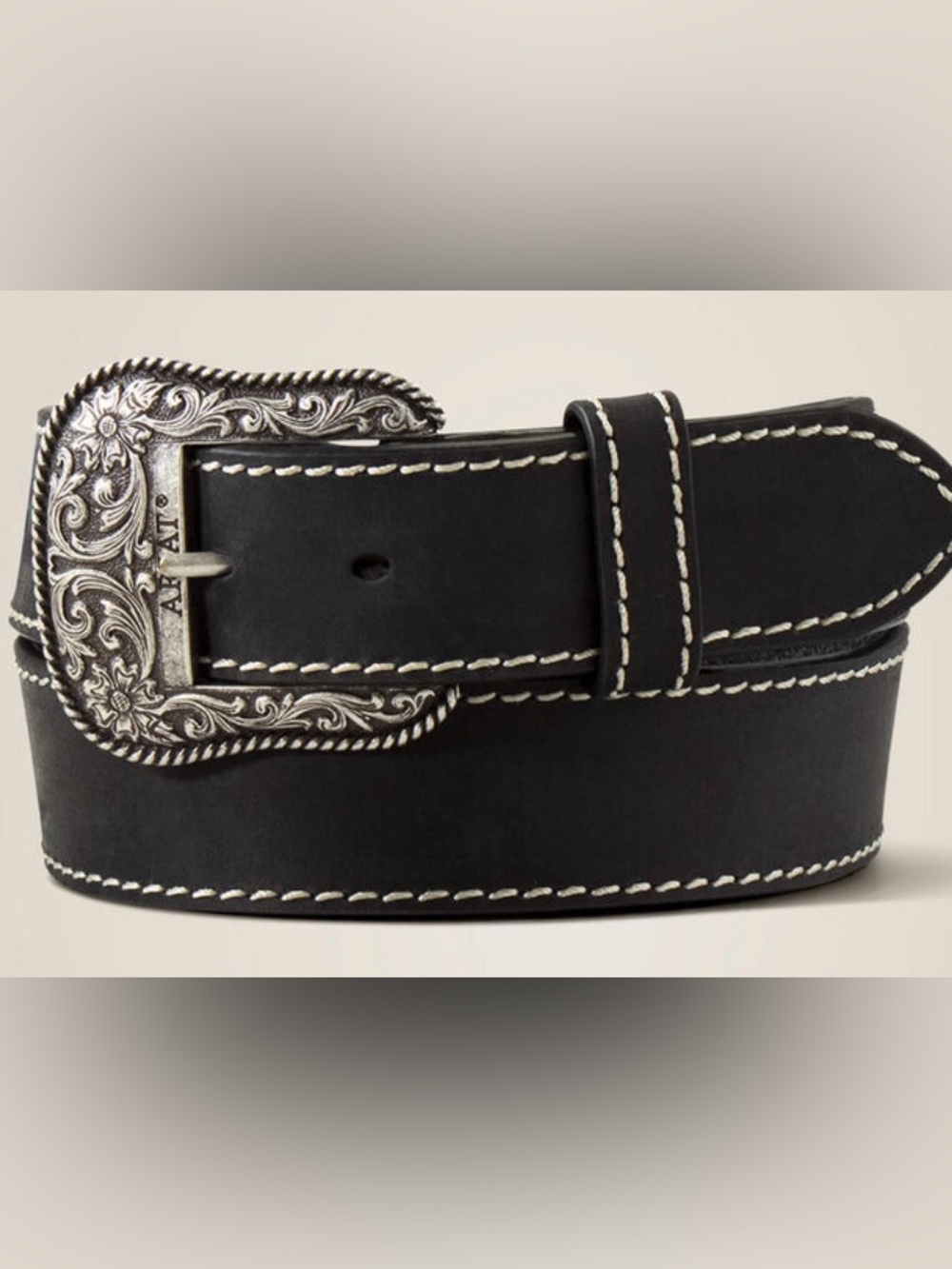 Black Leather Belt with Ornate Silver Buckle
